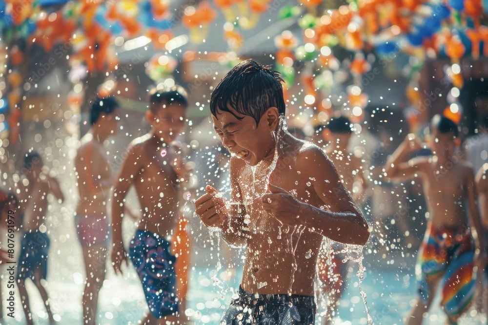 Obraz premium Young boy having fun in a fountain, suitable for summer activities concept