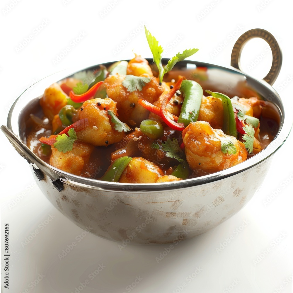 Metal bowl filled with Aloo Gobi and other Indian dishes on a table Metal bowl filled with Aloo Gobi and other Indian dishes on a table