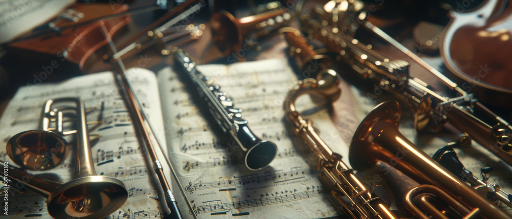 Obraz premium A symphony of brass and woodwind instruments atop a classical sheet music.