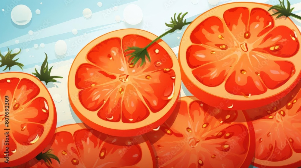 a vibrant illustration of sliced tomatoes and lemons on a dark background. The bright colors of the fruits contrast beautifully against the dark backdrop a vibrant illustration of sliced tomatoes and lemons on a dark background. The bright colors of the fruits contrast beautifully against the dark backdrop