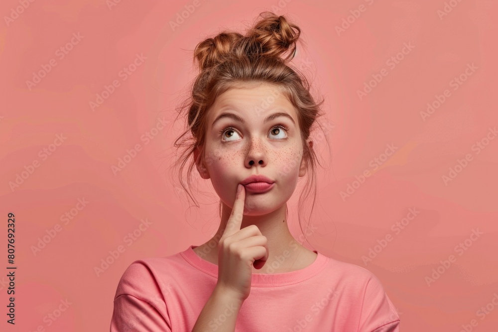 A girl in a pink shirt making a funny face. Suitable for humorous concepts A girl in a pink shirt making a funny face. Suitable for humorous concepts
