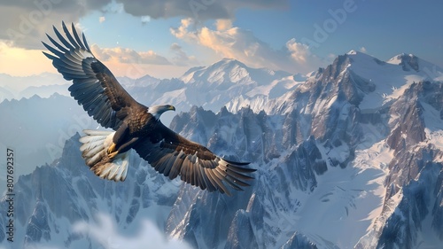  A majestic eagle soaring high above snow-capped mountains, embodying the spirit of freedom and resilience. 

