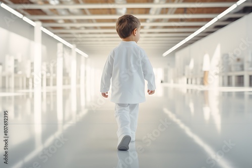 Back view of little boy in white clothes walking in modern big store