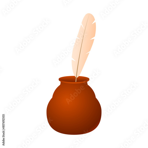 Vector illustration of ink pot with quill pen on transparent background