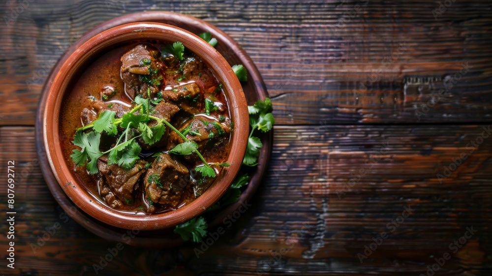 Brown bowl overflows with rich Beef Curry and assorted vegetables Brown bowl overflows with rich Beef Curry and assorted vegetables