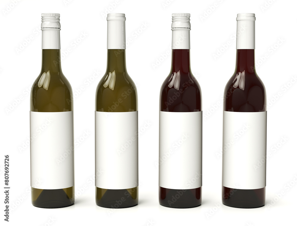 Wine bottles mockup with blank labels. Four bottles on white background. 3d illustration set