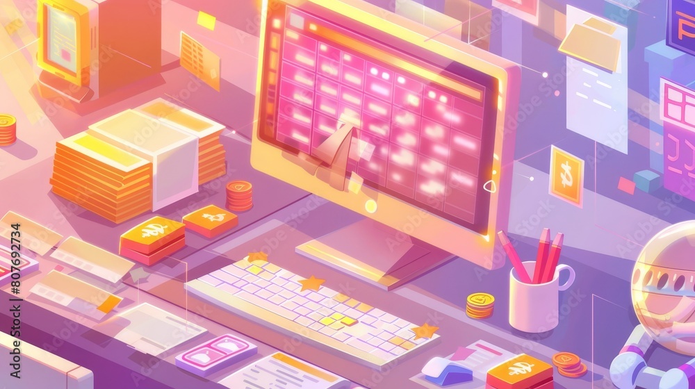 Recurring revenue banner. A concept of fixed earnings and payments. Modern landing page of recurring income with isometric icons of bills on a computer monitor. Recurring revenue banner. A concept of fixed earnings and payments. Modern landing page of recurring income with isometric icons of bills on a computer monitor.