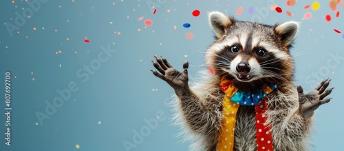 Happy raccoon clown dancing in confetti shower, cute woodland animal on blue backdrop, holiday concept, banner, copy space photo