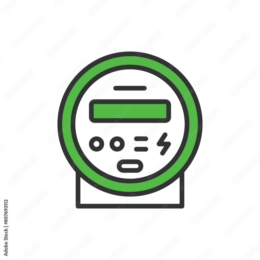 Electric meter, in line design, green. Electric, Meter, Measurement, Utility, Consumption, Power on white background vector. Electric meter editable stroke icon.