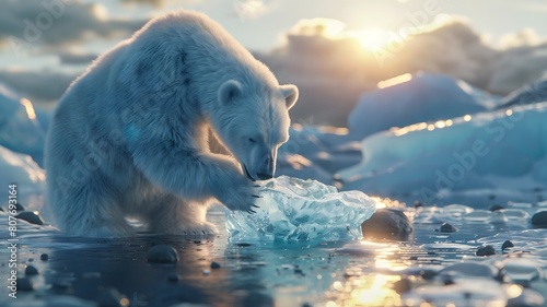  A poignant image of a polar bear delicately holding a rapidly melting piece of ice, symbolizing the devastating effects of climate change on Arctic ecosystems. photo