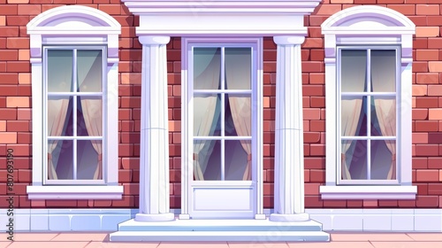 Housefront with open and closed windows and curtains and blinds. Residential or office building facade. Modern cartoon illustration of open and closed windows and curtains. photo