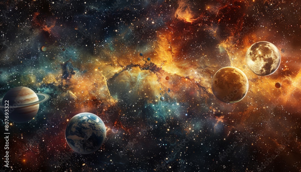 a beautiful colorful space with a lot of stars, planets and a huge nebula. a beautiful colorful space with a lot of stars, planets and a huge nebula.