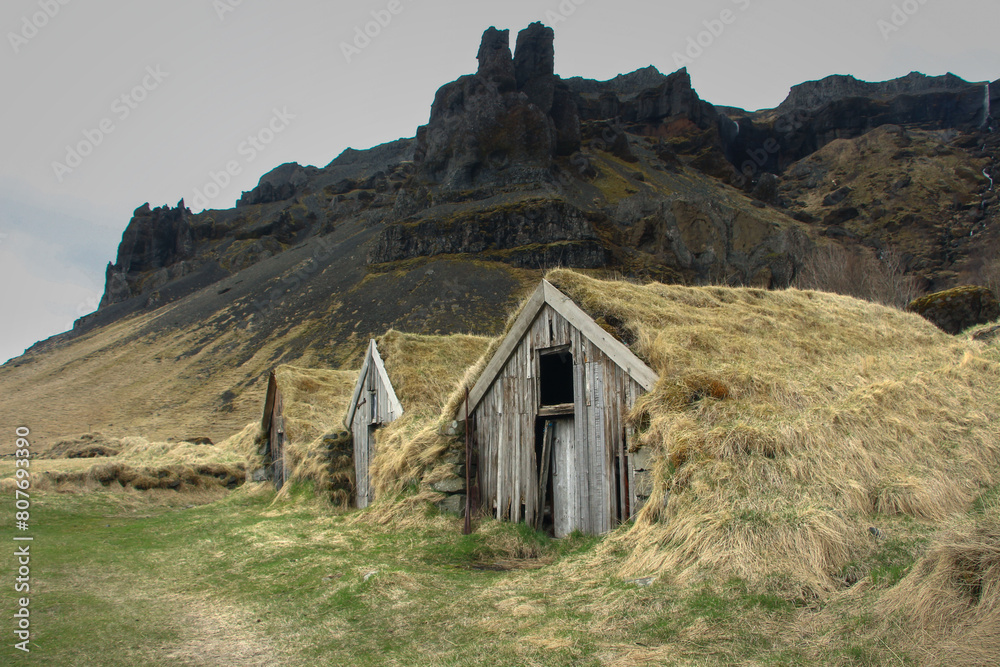 Traditional old turf houses of Icelandic culture in the remote parts of rural Iceland