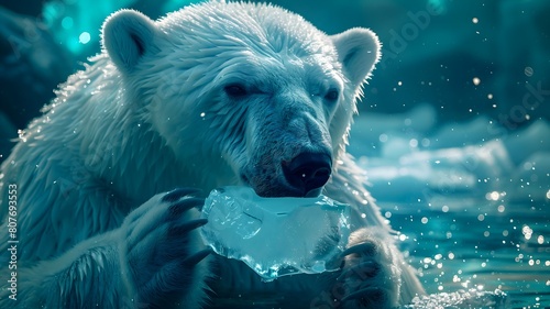  A poignant image of a polar bear delicately holding a rapidly melting piece of ice, symbolizing the devastating effects of climate change on Arctic ecosystems.