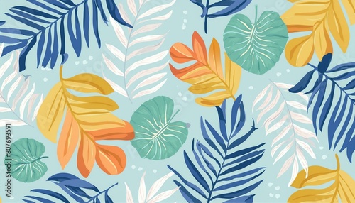 Beautiful autotraced  seamless pattern with hand drawn watercolor colorful tropical palm leaves. Wallpapper textile fabric design.