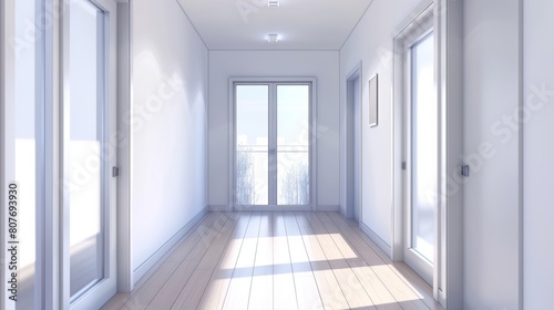 Realistic 3D modern illustration of hallway interior with a window and door with glass panels. Empty modern room inside view. Home design vizualization, white walls and a wooden floor, realistic 3D photo