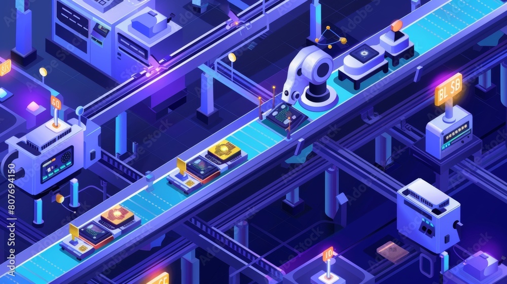 This is an isometric landing page for a robotic factory conveyor belt. Robot arms are at work creating electronics on a transporter line. This is an isometric landing page for a robotic factory conveyor belt. Robot arms are at work creating electronics on a transporter line.