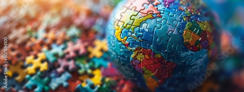 A globe made up of colorful puzzle pieces, each piece representing a different nation working together to form a whole. photo