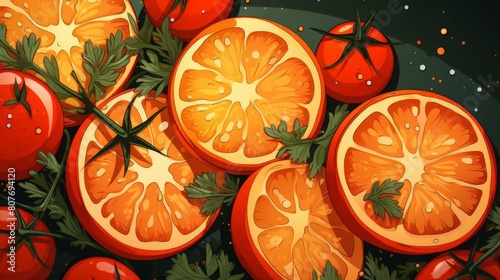 a vibrant illustration of sliced tomatoes and lemons on a dark background. The bright colors of the fruits contrast beautifully against the dark backdrop