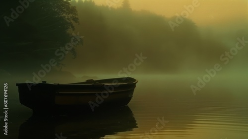 A lonely rowboat sits on a still lake, surrounded by a thick fog. photo