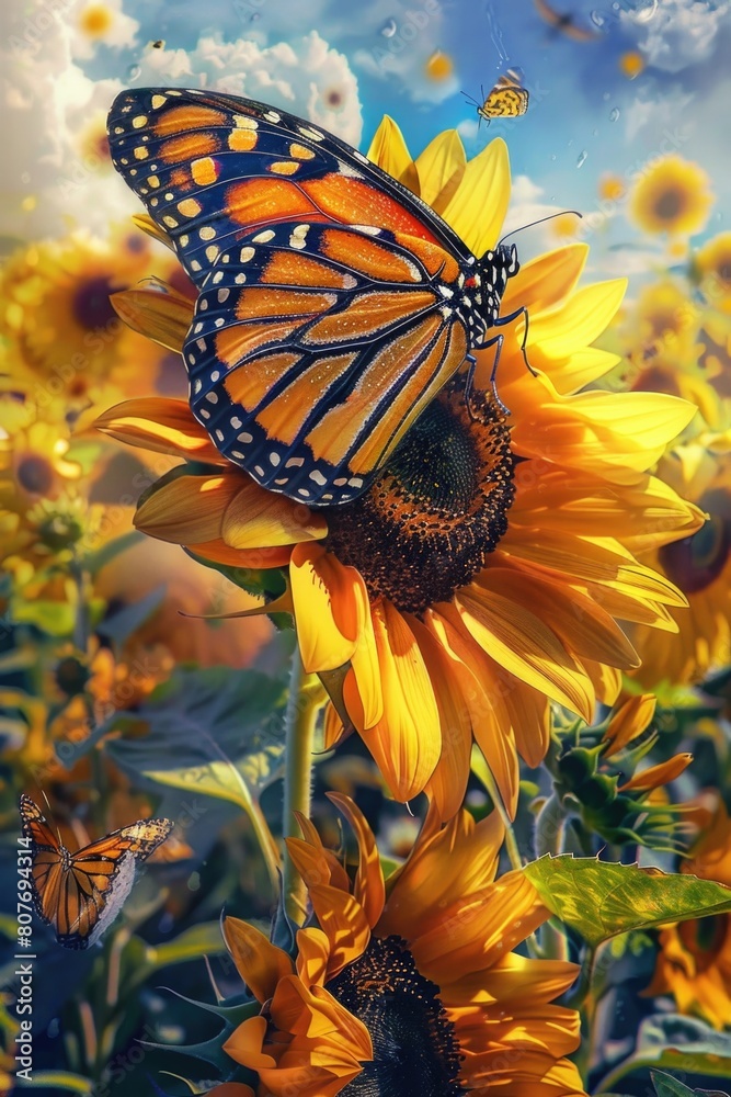 Beautiful monarch butterfly resting on a vibrant sunflower in a field ...