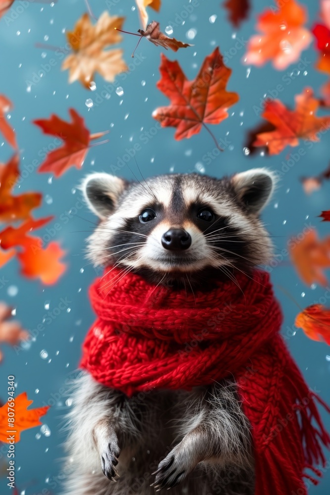 Fototapeta premium Joyful raccoon in red scarf dancing under the autumn leaves rain, with a vibrant blue vertical background, happy season concept