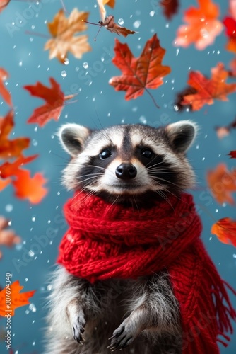 Joyful raccoon in red scarf dancing under the autumn leaves rain, with a vibrant blue vertical background, happy season concept