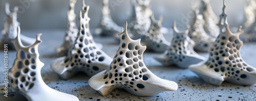 3D-printed ceramic sculptures that mimic the intricate forms of sea sponges.