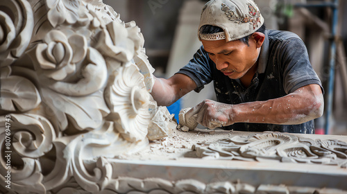 A craftsman carefully chisels away at a block of marble, creating a beautiful sculpture. photo