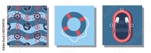 A set of poster banners on a marine theme with a lifebuoy and a boat. Vector for wall decoration