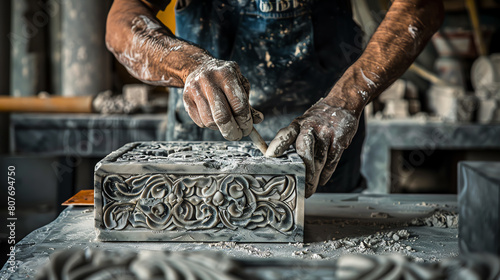 A stonemason carves intricate designs into a marble slab. The skilled craftsman uses a variety of chisels and mallets to create the beautiful work of art. photo