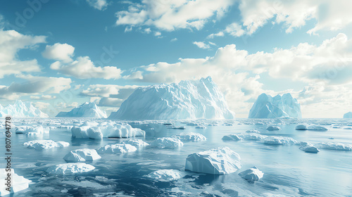 Create a beautiful, cinematic landscape of floating icebergs in the Arctic