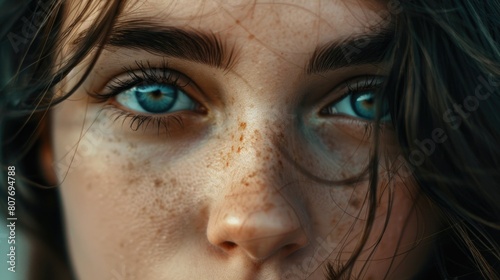 Close up of a woman with freckles on her face, suitable for beauty and skincare concepts © Fotograf
