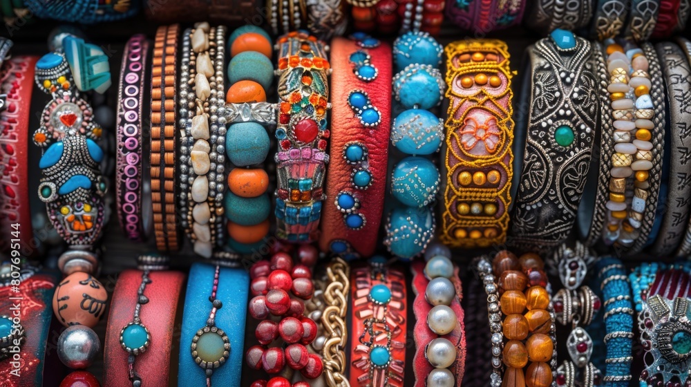 Fototapeta premium Close up of many different colored bracelets. Perfect for jewelry store promotions