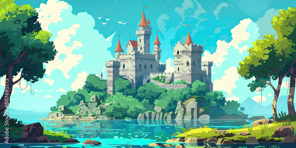 Naklejka premium Castle background, video game style illustration castles towers 8-bit, vintage computer graphics, generated ai 