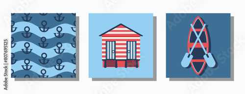 A set of square posters on a marine theme with a boat and a beach house. Vector illustration