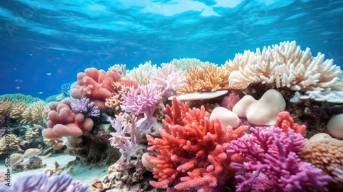 A beautiful and vibrant coral reef with many different types of coral and fish