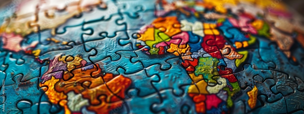 A globe made up of colorful puzzle pieces, each piece representing a different nation working together to form a whole. A globe made up of colorful puzzle pieces, each piece representing a different nation working together to form a whole.