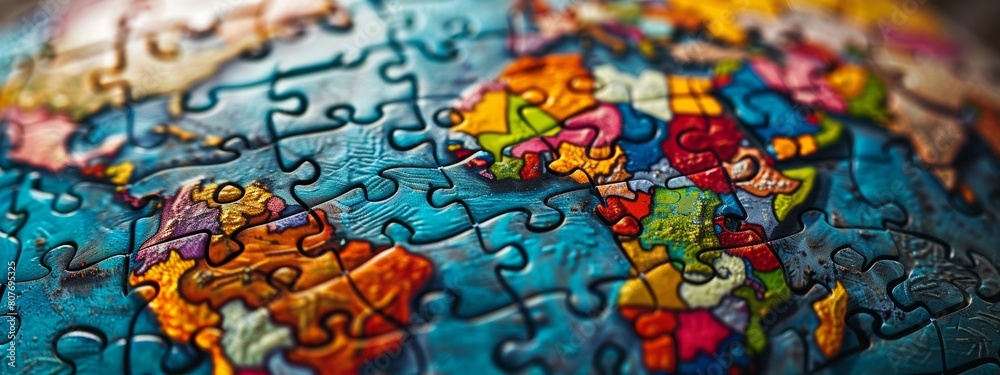 A globe made up of colorful puzzle pieces, each piece representing a different nation working together to form a whole.