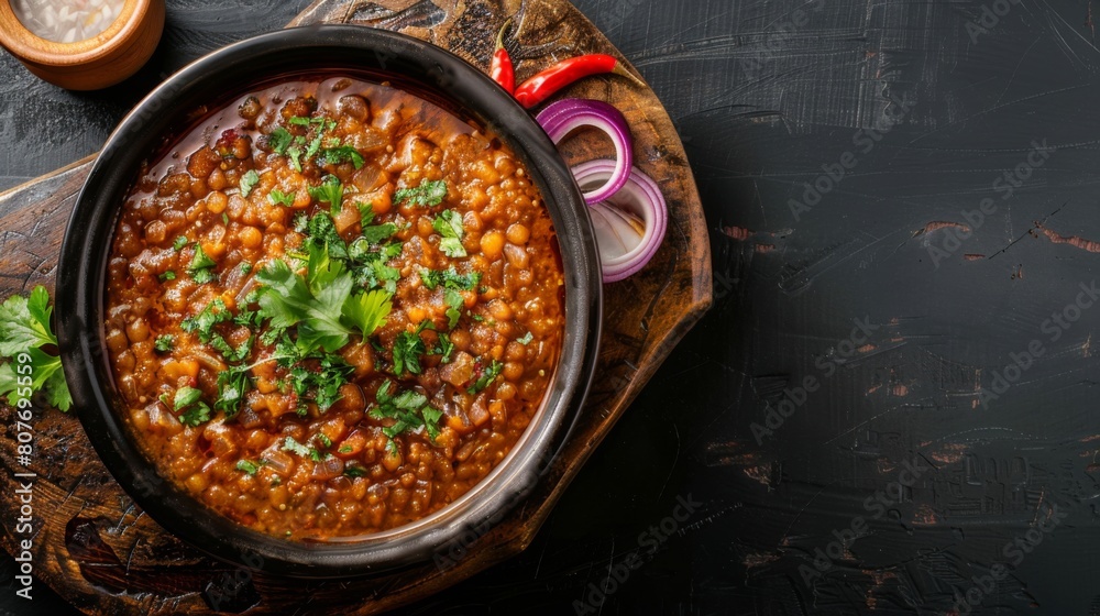 A bowl filled with beans and cilantro on a cutting board, part of various Indian food preparations A bowl filled with beans and cilantro on a cutting board, part of various Indian food preparations