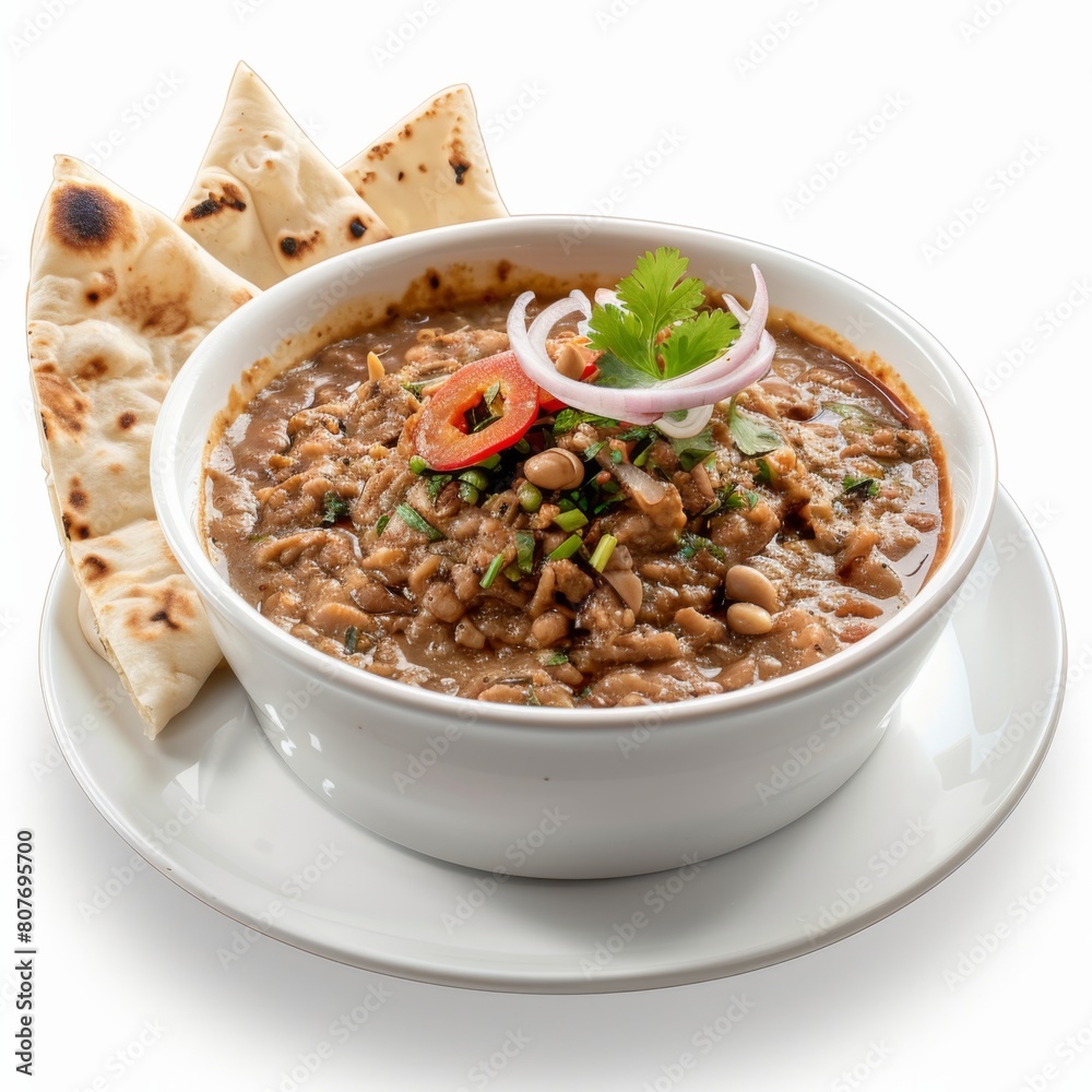 A white plate holds a bowl of beans and pita bread, a delightful blend of Indian flavors A white plate holds a bowl of beans and pita bread, a delightful blend of Indian flavors