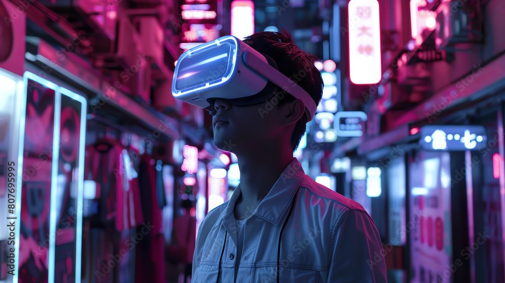 A young man wearing a VR headset stands in an alleyway, surrounded by colorful neon lights A young man wearing a VR headset stands in an alleyway, surrounded by colorful neon lights