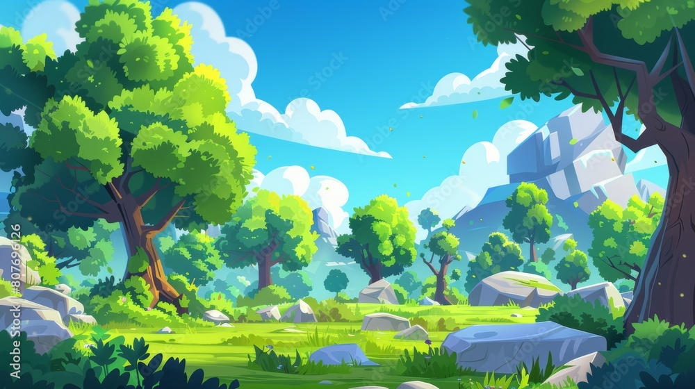 A cartoon forest background, a landscape with deciduous trees, rocks, green grass and bushes on the ground. Beautiful scenery view. Wood, park or summer area with plants.