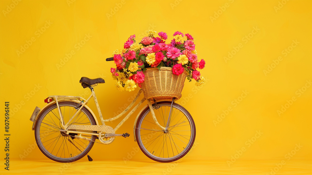  A charming view of a bicycle with a woven basket overflowing with vibrant blooms, standing against a cheerful yellow background