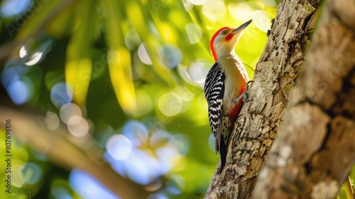 Adult male red-bellied woodpecker (Melanerpes carolinus), clinging to tree photo
