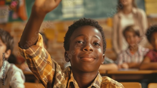 Boy Eagerly Raising Hand in Class photo