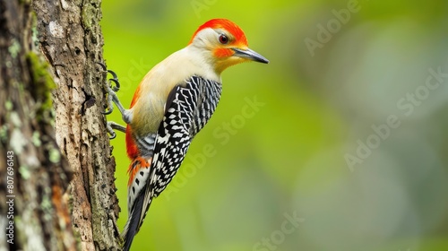 Adult male red-bellied woodpecker (Melanerpes carolinus), clinging to tree photo