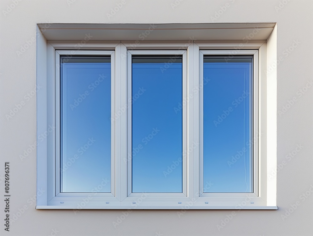 A clean, modern triple-pane window with white frames set in a smooth white wall under a clear blue sky, symbolizing simplicity, energy efficiency, and contemporary design.