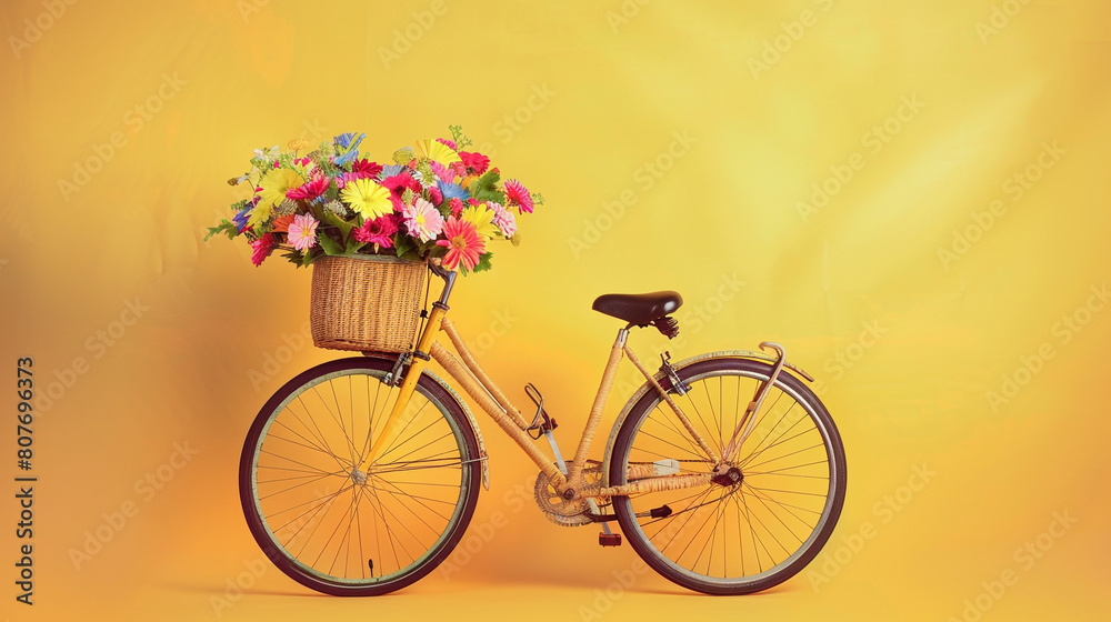 A charming view of a bicycle with a woven basket overflowing with vibrant flowers, standing against a cheerful yellow background