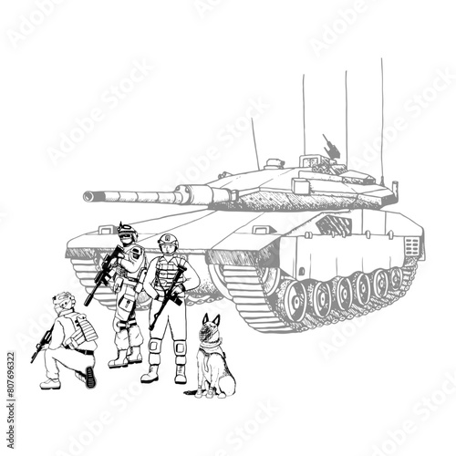 Israel army soldiers in uniform with Merkava Mark IV tank graphic vector illustration for Veteran Remembrance Day